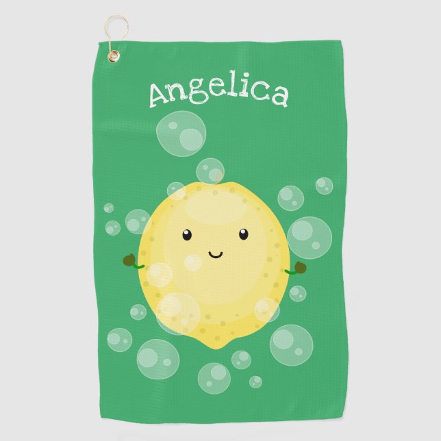 Cute lemon fruit cartoon bubbles illustration golf towel (Front)