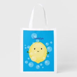 Cute lemon fruit cartoon bubbles illustration grocery bag