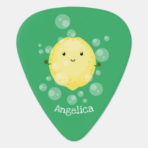 Cute lemon fruit cartoon bubbles illustration guitar pick