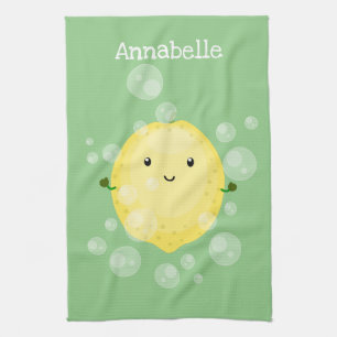 Cute lemon fruit cartoon bubbles illustration kitchen towel