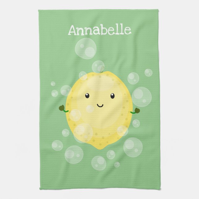 Cute lemon fruit cartoon bubbles illustration kitchen towel (Vertical)
