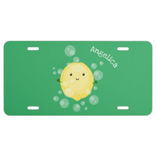 Cute lemon fruit cartoon bubbles illustration license plate