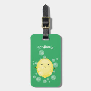 Cute lemon fruit cartoon bubbles illustration luggage tag