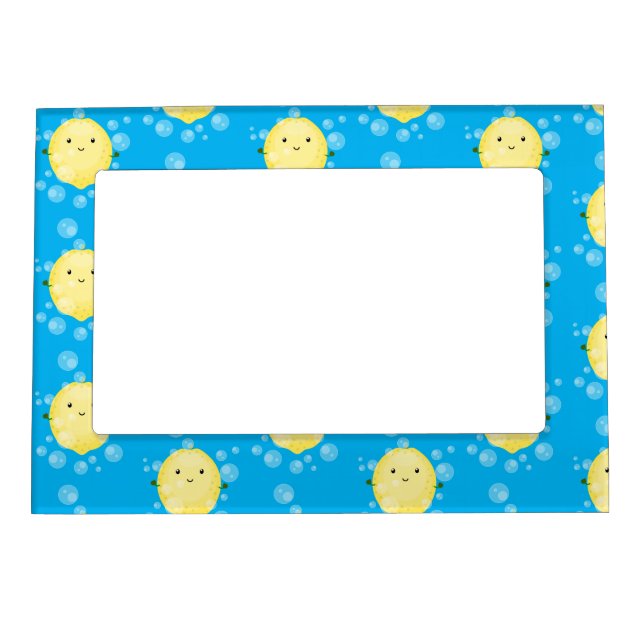 Cute lemon fruit cartoon bubbles illustration magnetic frame (Front)