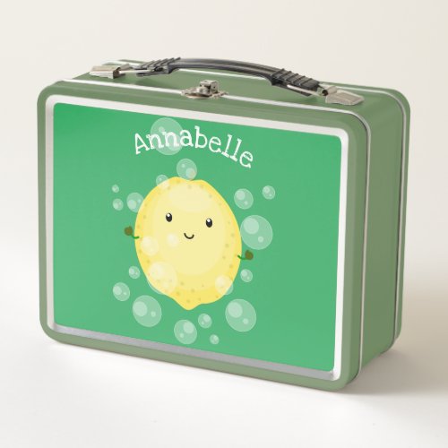 Cute lemon fruit cartoon bubbles illustration metal lunch box