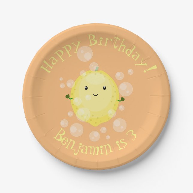 Cute lemon fruit cartoon bubbles illustration paper plates (Front)