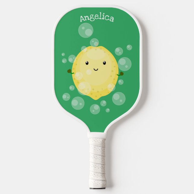 Cute lemon fruit cartoon bubbles illustration  pickleball paddle (Front)