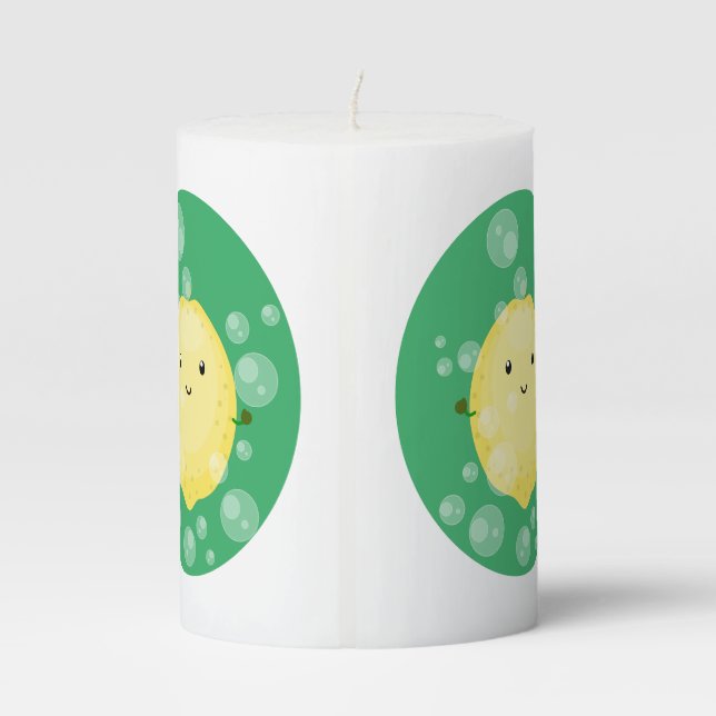 Cute lemon fruit cartoon bubbles illustration pillar candle (Back)