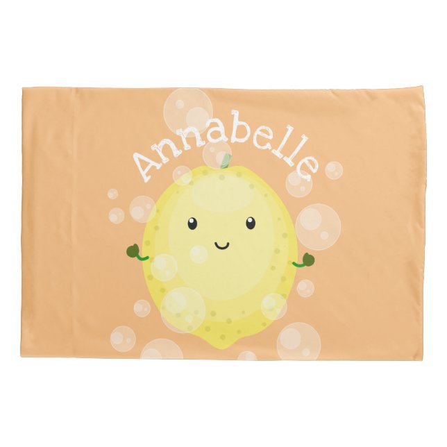 Cute lemon fruit cartoon bubbles illustration pillow case (Back)