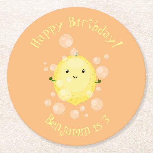 Cute lemon fruit cartoon bubbles illustration round paper coaster