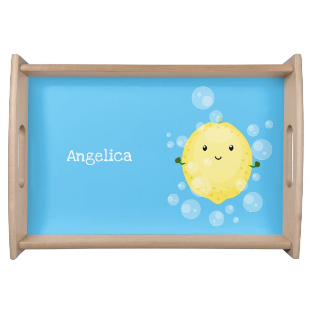 Cute lemon fruit cartoon bubbles illustration serving tray (Front)