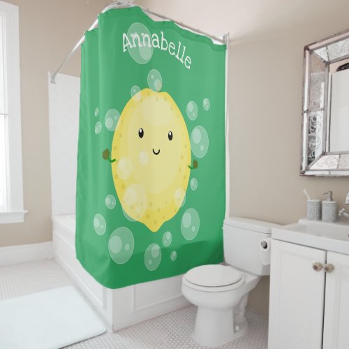 Cute lemon fruit cartoon bubbles illustration shower curtain
