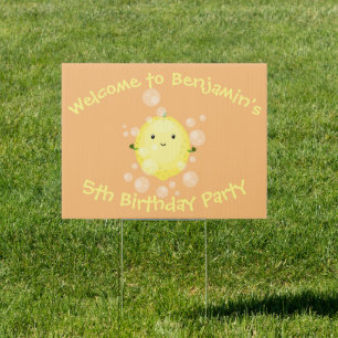 Cute lemon fruit cartoon bubbles illustration sign