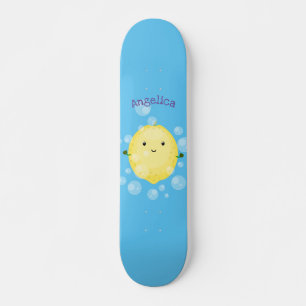 Cute lemon fruit cartoon bubbles illustration skateboard