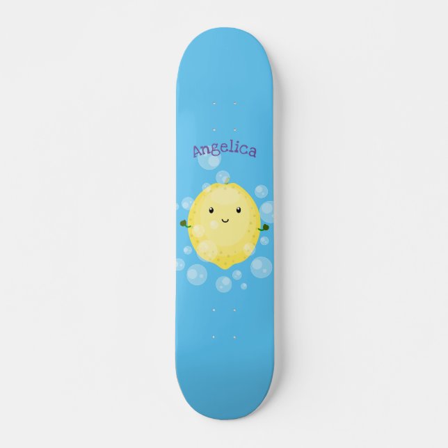 Cute lemon fruit cartoon bubbles illustration skateboard (Front)