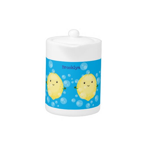 Cute lemon fruit cartoon bubbles illustration teapot