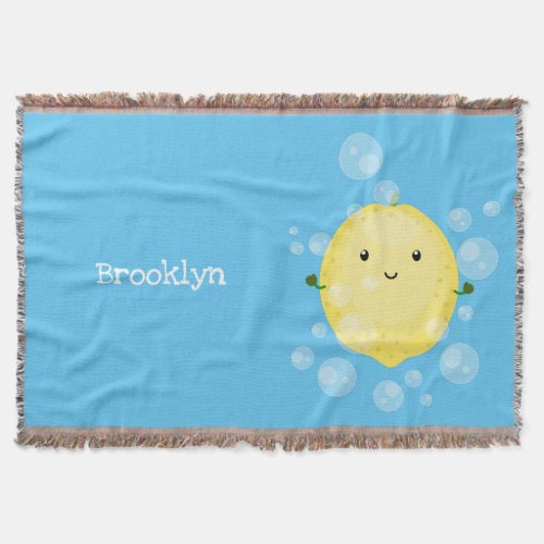 Cute lemon fruit cartoon bubbles illustration throw blanket