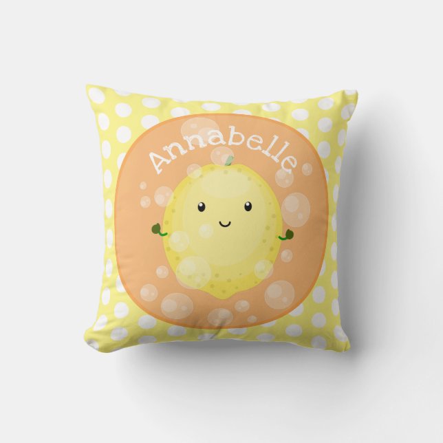 Cute lemon fruit cartoon bubbles illustration throw pillow (Front)