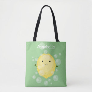 Cute lemon fruit cartoon bubbles illustration tote bag