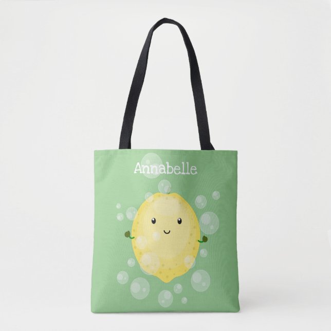 Cute lemon fruit cartoon bubbles illustration tote bag (Front)