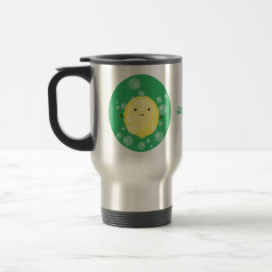 Cute lemon fruit cartoon bubbles illustration travel mug
