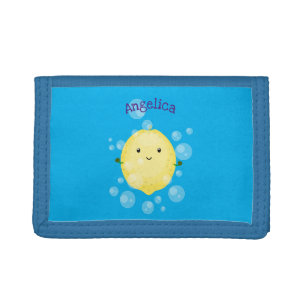 Cute lemon fruit cartoon bubbles illustration trifold wallet