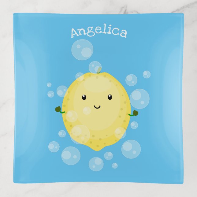 Cute lemon fruit cartoon bubbles illustration trinket tray (Front)