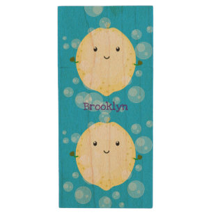 Cute lemon fruit cartoon bubbles illustration wood flash drive