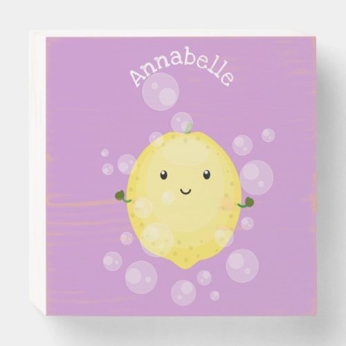 Cute lemon fruit cartoon bubbles illustration wooden box sign