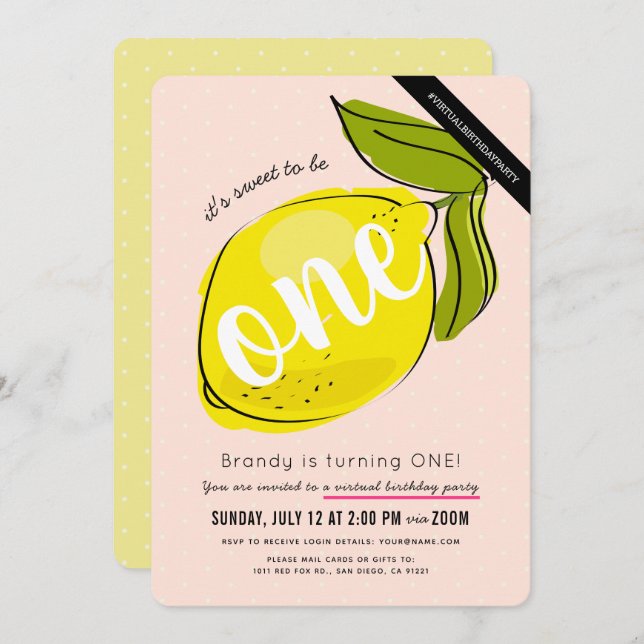 Cute Lemon Girl Pink Virtual 1st Birthday Invitation (Front/Back)