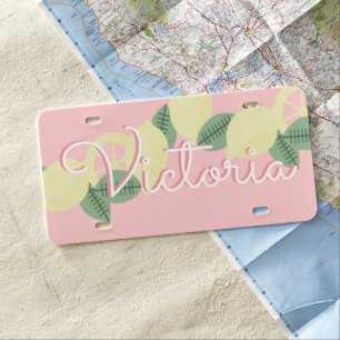 Cute Lemon Greenery Pink License Plate