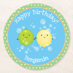 Cute lemon lime friends cartoon illustration round paper coaster