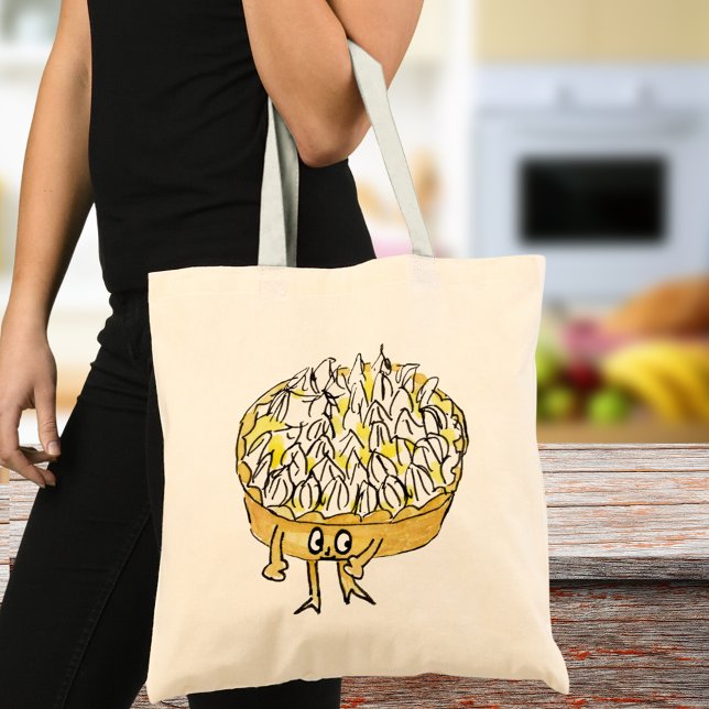 Cute Lemon Meringue Pie Art Tote Bag (Cute lemon meringue pie cartoon art tote bag quirky watercolor artwork by artist Catherine Sweetman)