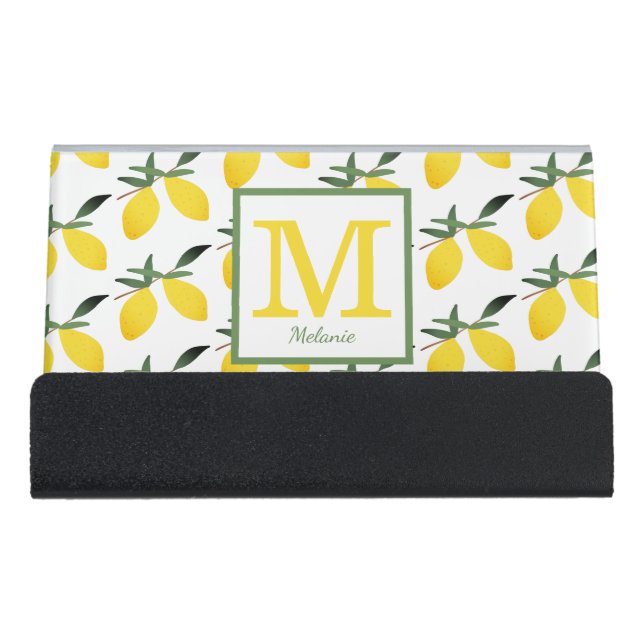 Cute Lemon Monogram Name   Desk Business Card Holder (Front)