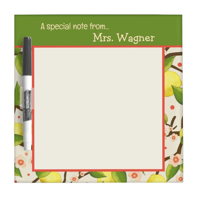 Cute Lemon Pattern Teacher Yellow and Green Dry Erase Board (Front)