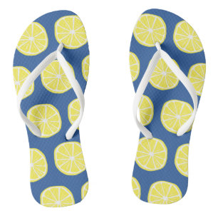 Cute Lemon Slice Pattern Bright Yellow on Blue Flip Flops