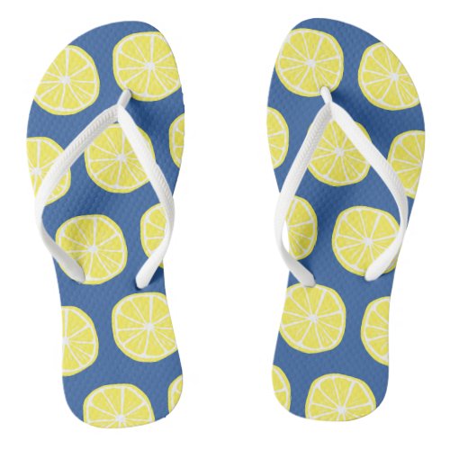 Cute Lemon Slice Pattern Bright Yellow on Blue Flip Flops