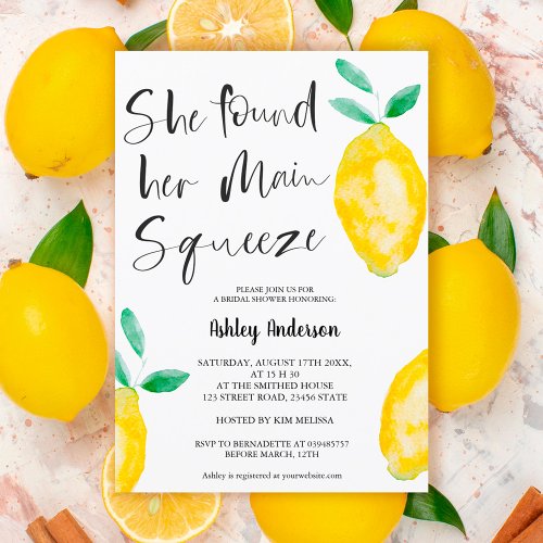 Cute lemon watercolor summer squeeze bridal shower invitation