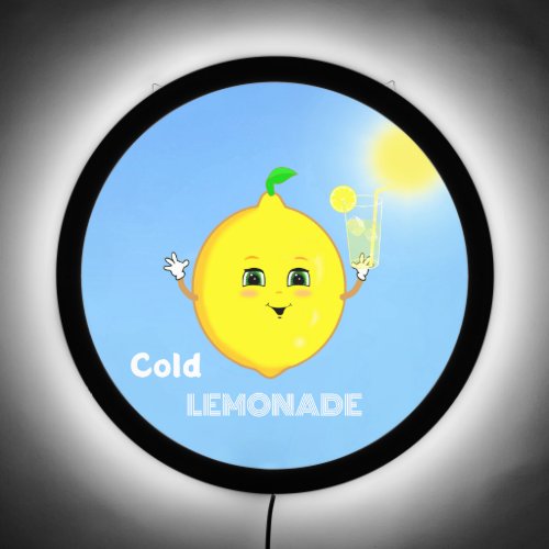 Cute Lemon with Cold Lemonade Glass on Light Blue LED Sign