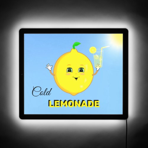 Cute Lemon with Cold Lemonade Glass on Light Blue LED Sign