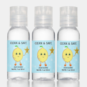 Cute lemon with editable logo star on light blue hand sanitizer