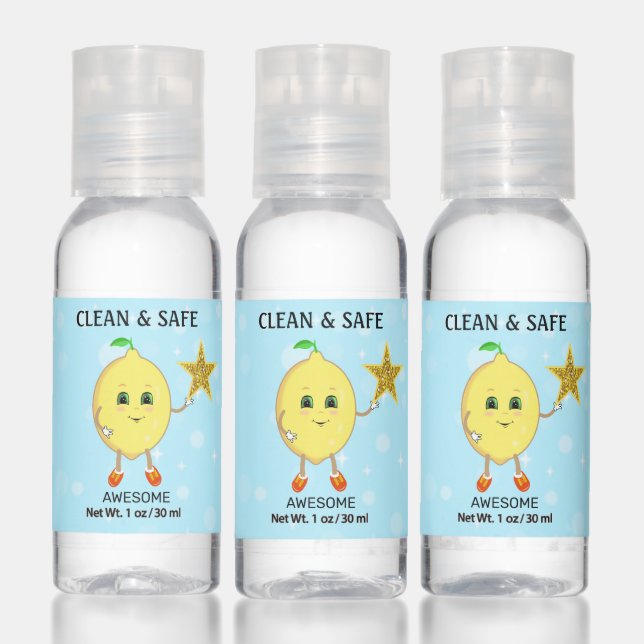 Cute lemon with editable logo star on light blue hand sanitizer (Set)