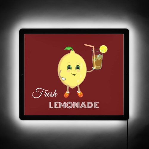 Cute Lemon with Lemonade Glass on Burgundy LED Sign