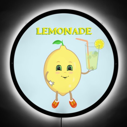 Cute Lemon with Lemonade Glass on Light Blue LED Sign