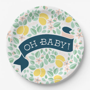 Cute Lemon Yellow Botanical Leaves Baby Shower Paper Plates