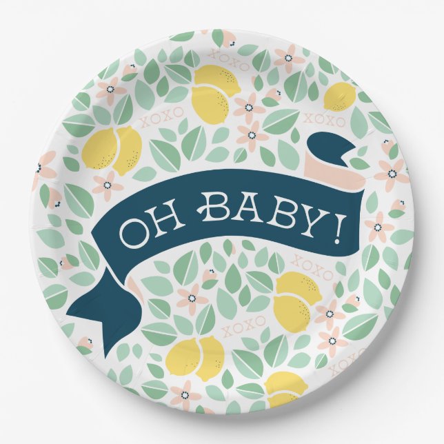 Cute Lemon Yellow Botanical Leaves Baby Shower Paper Plates (Front)