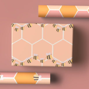 Cute Lemon Yellow & Peachy Orange Honeycomb & Bees Wrapping Paper Sheets