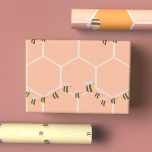 Cute Lemon Yellow & Peachy Orange Honeycomb & Bees Wrapping Paper Sheets