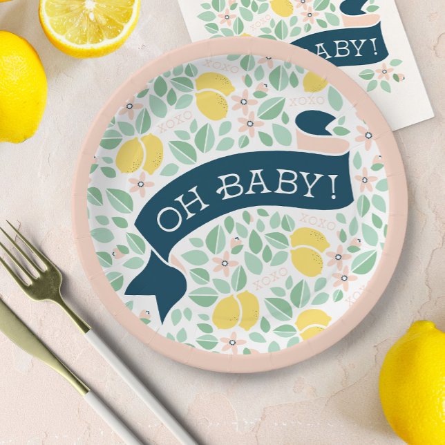 Cute Lemon Yellow Pink Botanical Baby Shower Paper Plates (Cute Lemon Yellow Botanical Bold Baby Shower paper plate)