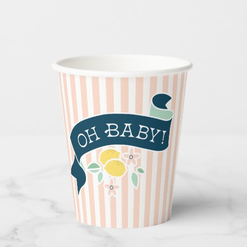 Cute Lemon Yellow Pink Stripe Baby Shower Paper Cups